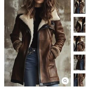 Brown Faux Leather Aviator Style Jacket with White Fleece Lining